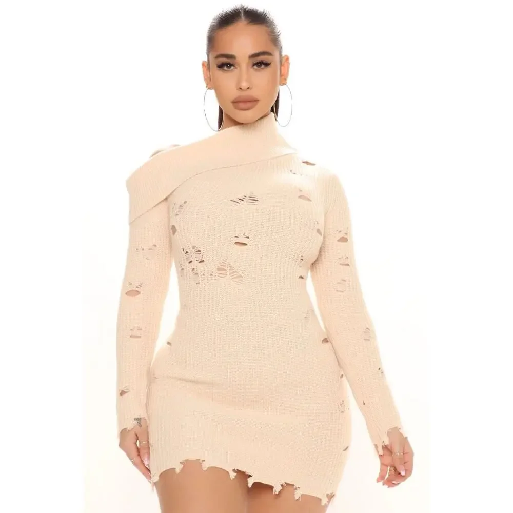 Fashion Nova Sweater Dress Plus Sz 2X One Shoulder Sexy Grunge Distressed Club - Picture 2 of 16